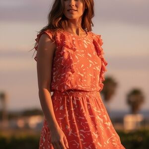BCBGeneration Coral Print Ruffle-Sleeve Dress
